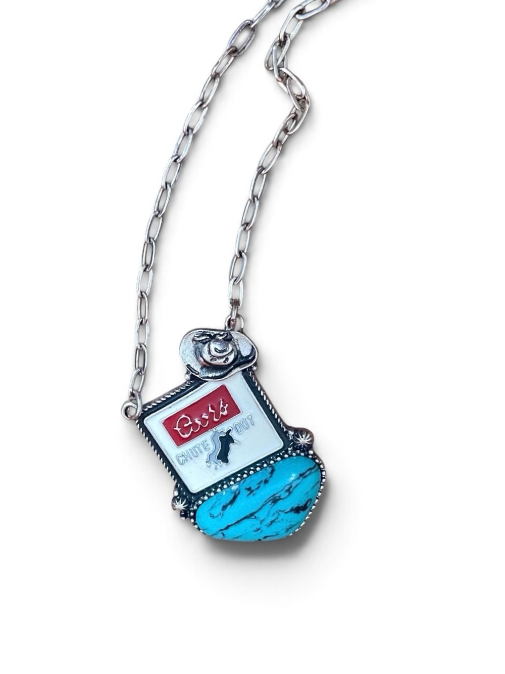 Coors Beer Chute Out Rodeo Necklace Western Faux Turquoise Enamel Silver Tone